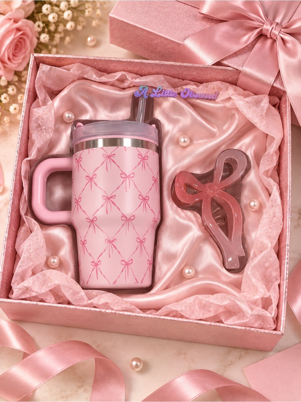 Pink Bow Pattern Travel Mug & hair clip Gift Set 85$ retail comes in gift box